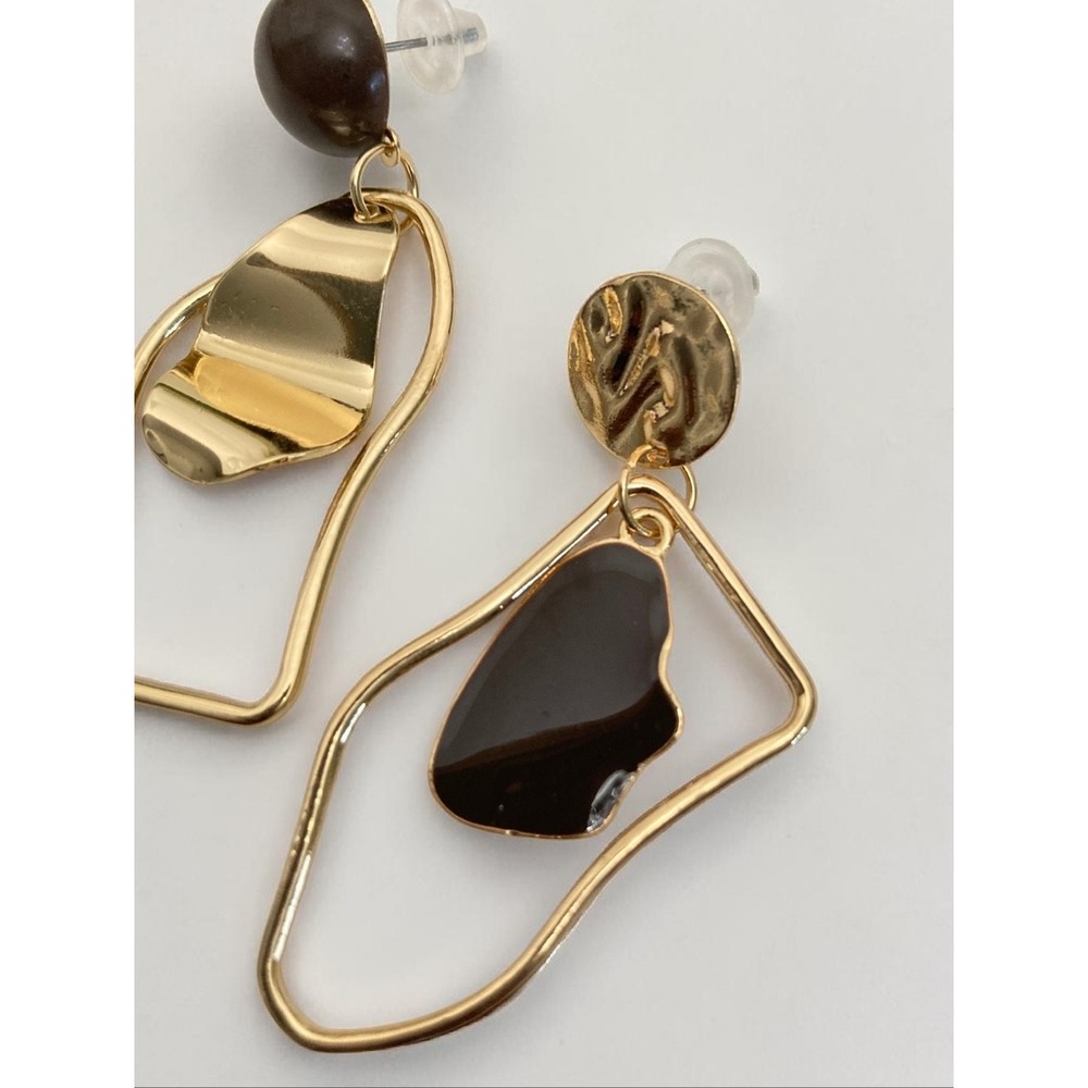 Gold Abstract Geometric Statement Drop Earrings Boho Asymmetrical Artsy - Picture 10 of 15